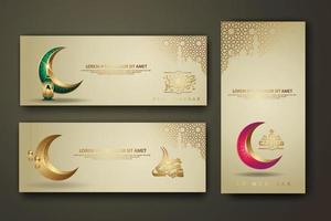 eid al fitr caligrafía islámica, establecer plantilla de banner con luna creciente, linterna tradicional y textura de patrón de mezquita fondo islámico vector