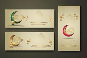 Eid al fitr calligraphy islamic, set banner template with crescent moon, traditional lantern and mosque pattern texture islamic background vector