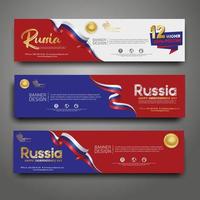 establecer plantilla de diseño de banner horizontal. feliz día de la independencia rusia fondo moderno con bandera de cinta, cinta de premio de oro vector