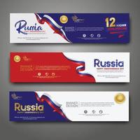 establecer plantilla de diseño de banner horizontal. feliz día de la independencia rusia fondo moderno con bandera de cinta, cinta de premio de oro vector