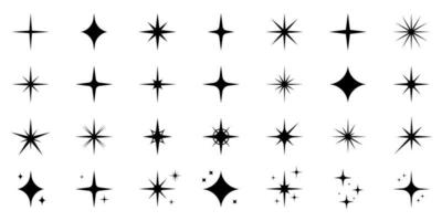Burst Star Silhouette Icon Set. Black Twinkle Flash Pictogram. Magic Firework Flat Icon Collection. Vibrant Shiny Glitter Effect. Sparkle Glow Starburst. Flare Ray. Isolated Vector Illustration.