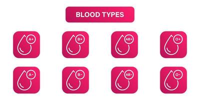 icono de línea de tipo de sangre. grupo de pictogramas de sangre. recogida de gotas de plasma. o, a, b, ab conjunto de iconos de contorno de sangre de tipo positivo y negativo. ilustración vectorial aislada. vector