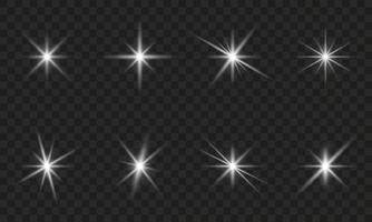 Light Beam Shine Effect. Silver Flare Sparkle Star on Transparent Background. Silver Bright Flare with Rays. Glitter Festive Set. Bokeh Glare Shiny Icon. Isolated Vector Illustration.