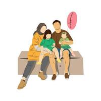 Portrait of happy family sitting by parents and children. Mom and Dad are sitting relaxed with their daughters on their laps. People smile. Concept of love and family values. Vector flat design.