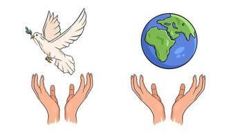 las manos sostienen el planeta tierra y una paloma voladora. concepto de paz mundial. vector