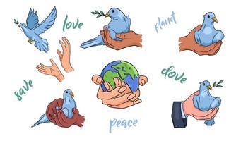 Dove with a twig in its beak. Doves in hand. Let's protect the planet. World peace. Vector set. Drawn by hand.