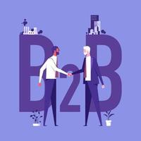 ilustración vectorial del concepto de marketing b2b, concepto de b2b - una fábrica y edificios corporativos dándose la mano vector