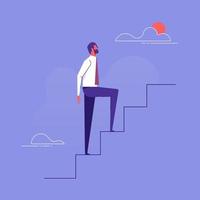 In progress concept. Businessman walking up stairs to their goal. Move up motivation, the path to the target's achievement vector
