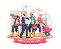 Construction workers working together to build a building on 1th may labour day. Flat style vector illustration