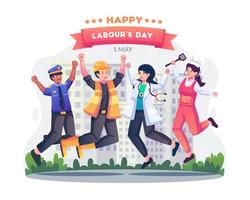 Labor workers in different professions are having fun jumping together happily celebrating Labour day on 1 May. Flat style vector illustration