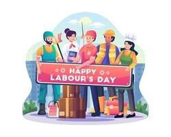 los trabajadores laborales de diferentes profesiones de pie juntos sostienen un cartel que dice feliz día del trabajo. ilustración vectorial de estilo plano vector