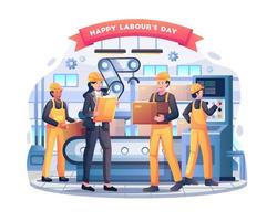 Factory workers and a head female instructor worker are working on labor day with production machines and packaging boxes. Flat style vector illustration