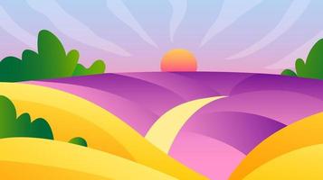 Rural landscape vector illustration. Farm agriculture colorful concept. Horizon view of wheat hills valley. Sunny day summer weather. Sunset meadow outdoor wallpaper. Countryside lavender field scene.