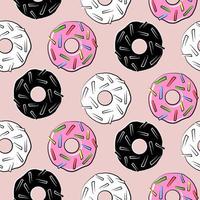 Donut sweet food vector seamless pattern, flat cartoon pink background template, fabric print wallpaper, tasty sugar baked glazed pastry card. Doodle simple sketch drawing icon set.