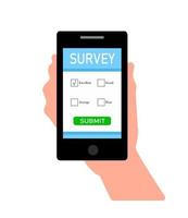 Online survey form on a smartphone with a pointing look. Customer feedback concept. Calculation illustration in flat style isolated on white background. Phone in hand rating feedback form. vector