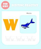 Writing practice book page, vector alphabet cartoon template, education for kids, preschool learning concept, doodle W letter typographic sign shape isolated icon, elementary school quiz for children.
