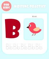 Writing practice book page, vector alphabet cartoon template, education for kids, preschool learning concept, doodle B letter typographic sign shape isolated icon, elementary school quiz for children.