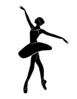 forma de cuerpo completo de bailarina de ballet, sombra vectorial aislada, decoración de icono de silueta negra simple. diseño de logotipo de signo de persona, posición deportiva gráfica, ajuste de bailarina, dibujo de mujer bella y elegante vector