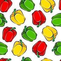 Vector seamless pattern with sweet Bulgarian pepper vegetable, cartoon isolated background wallpaper, doodle outline food drawing. Colorful wallpaper textile print. Fresh organic healthy farm plant.