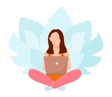 Young woman sitting with laptop. Freelance, online studying, work from home concept. Vector illustration in flat style.