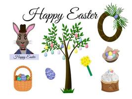 Easter set. Easter bunny, basket and dish with colorful eggs, Easter cake, willow wreath. Easter tree with eggs, a bouquet of daffodils. Vector illustration