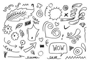 Hand drawn set elements, black on white background. Arrow, heart, love, star, leaf, sun, light, flower, crown ,Swishes, swoops, emphasis ,swirl, heart, for concept design. vector