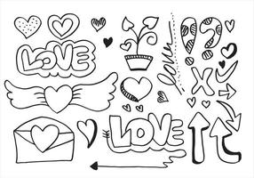 elementos de conjunto dibujados a mano, negros sobre fondo blanco. flecha, corazón, amor, exclamación por diseño conceptual. vector