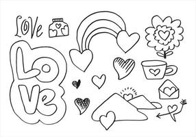 Set of cute Valentine day doodle elements. Hearts, flowers, tea cup, hill and more. Vector illustration for your design.