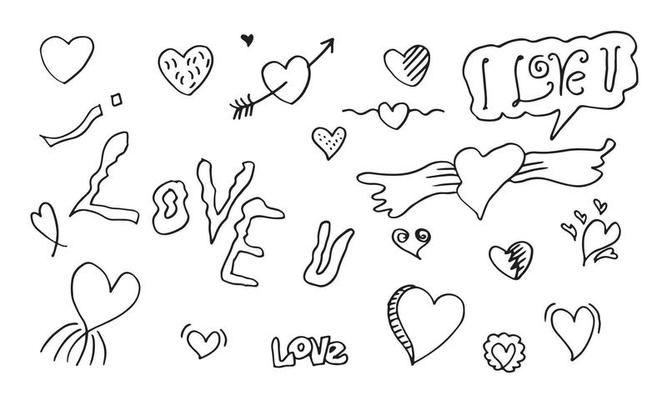 hand drawn doodles set for Valentine's Day. collection of beautiful hearts and writings Love. Vector illustration.