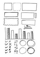 Doodle vector lines and curves.Hand drawn check and arrows signs. Set of simple doodle lines, curves, frames and spots. Collection of pencil effects. Doodle border. Simple doodle set.