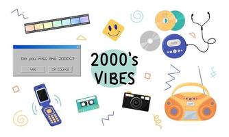 2000s vibes set. Retro devices, technic, things, entertainment and music equipment isolated on white background. Back to 00s vector flat illustration. Trendy 2000s y2k elements collection