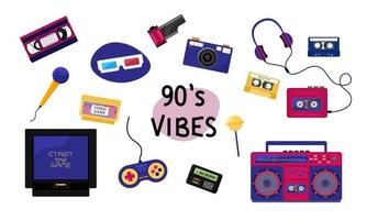 Conjunto de vibraciones de los 90. colección de elementos de moda de los años 90. técnica retro, cosas, entretenimiento y equipos de música aislados en fondo blanco. Volver a la ilustración plana vectorial de los años 90 vector