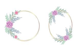 Round gold frame with watercolor pink and red roses, tropical and palm leaves.  Wedding bouquet in a frame for the design of a stylish invitation. vector