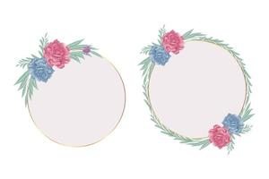 Watercolor Circle Floral Frame With Green Leaves and red peony vector