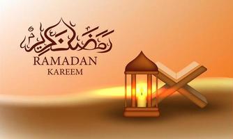 fondo de ramadan kareem realista con linterna y al quran en el vector del desierto