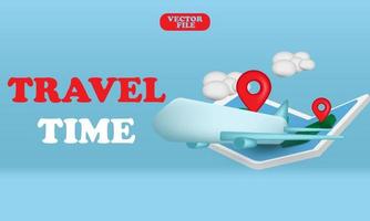 travelling banner concept with map, airplanes, pin and cloud vector