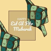 hand drawn greeting card eid al fitr with ketupat vector