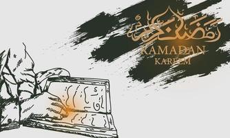 background hand drawn ramadan kareem with people reading al quran vector