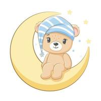 A cute teddy bear is sitting on the moon. For a boy. Vector illustration of a cartoon.