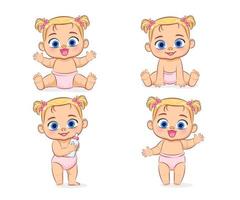 lindo bebé en un pañal. niña. un conjunto de ilustraciones de dibujos animados vectoriales. vector