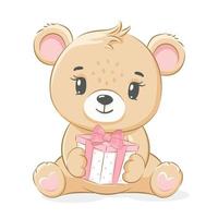 A cute teddy bear girl is sitting and holding a gift. Vector illustration of a cartoon.