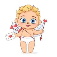 Cute baby cupid with a bow and a valentine letter. Vector cartoon illustration.