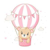 A cute teddy bear girl is flying in a balloon. Vector illustration of a cartoon.
