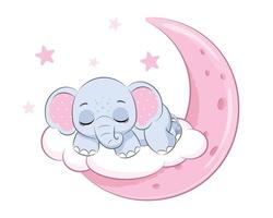 Cute elephant girl sleeping on the moon. Vector illustration of a cartoon.