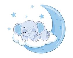 Cute elephant boy sleeping on the moon. Vector illustration of a cartoon.