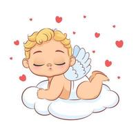 Cute baby cupid on a cloud. Vector cartoon illustration.