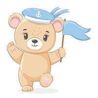 Cute teddy bear sailor with a flag. Vector illustration of a cartoon.