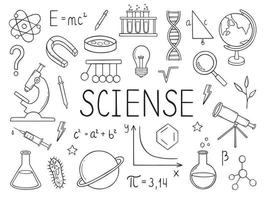 Set of Education and Science doodle. Formulas in physics, mathematics and chemistry, laboratory equipment in sketch style. Hand drawn vector illustration.