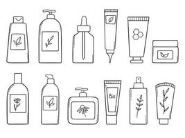 Hand drawn set of organic cosmetics doodle. Cosmetic bottles in sketch style. Natural products. Cream, mask, shampoo and lotion. Vector illustration isolated on white background.