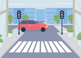 Red car crossing road flat color vector illustration